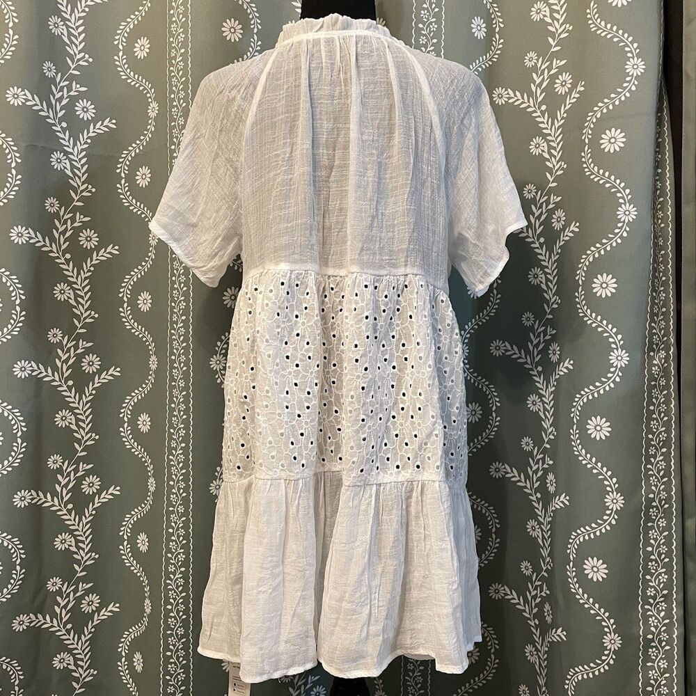 NEW CUPSHE Floral Eyelet Tie Neck Babydoll Dress White Bathing Suit Cover Small - Picture 6 of 11